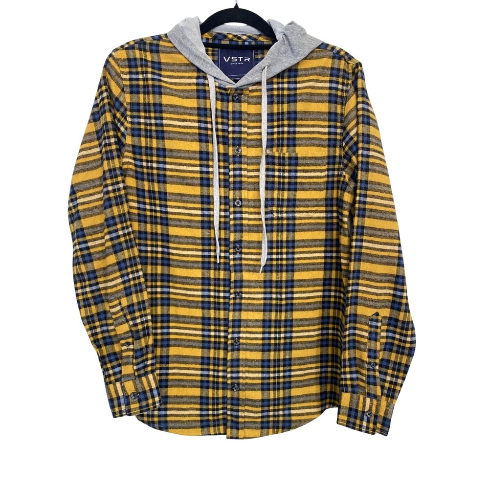 VSTR Mens Yellow‎ Blue Plaid Hooded Flannel Shirt Long Sleeve Size S